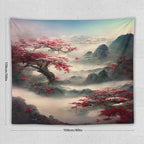 Japanese Tapestry, Red Plum Cherry Blossom Mountain Tapestry, Asian Japanese Wall Tapestry, Nature Landscape Tapestries for Bedroom Living Room Decor 60"x50"