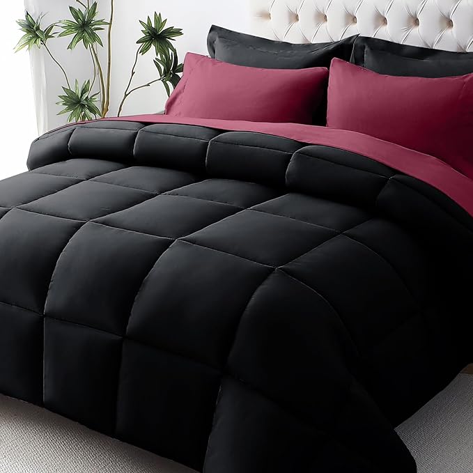 JOLLYVOGUE Twin XL Comforter Set, Ultra-Soft Bed in a Bag Twin XL Size 5 Pieces, Oeko-TEX Certified Bedding Set with Down Alternative Comforter, Sheets, Pillowcases & Shams, Burgundy & Black