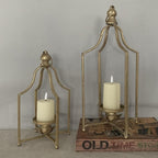 Large Tall Shabby Chic Lanterns Decorative Indoor Outdoor, Outside Gifts Front Porch Patio Vintage Metal Candle Holders, Fireplace Table Floor Farmhouse Rustic Decor Set of 2 (Antique Gold)