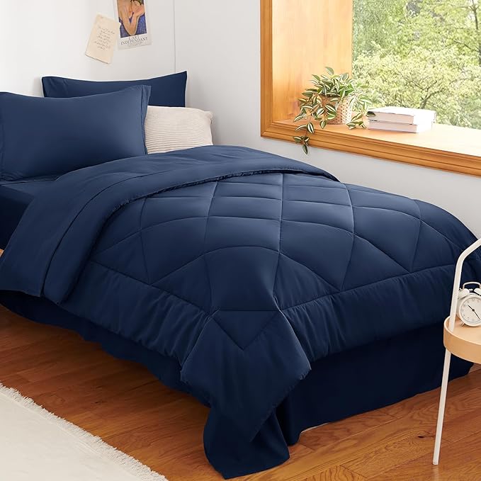CozyLux Twin XL Comforter Set Navy Blue - 5 Pieces Twin Extra Long Bed in a Bag for College Dorm, All Season Bedding Set for Girls and Boys, Soft Bed Set with Comforter, Sheets, Pillowcase & Sham