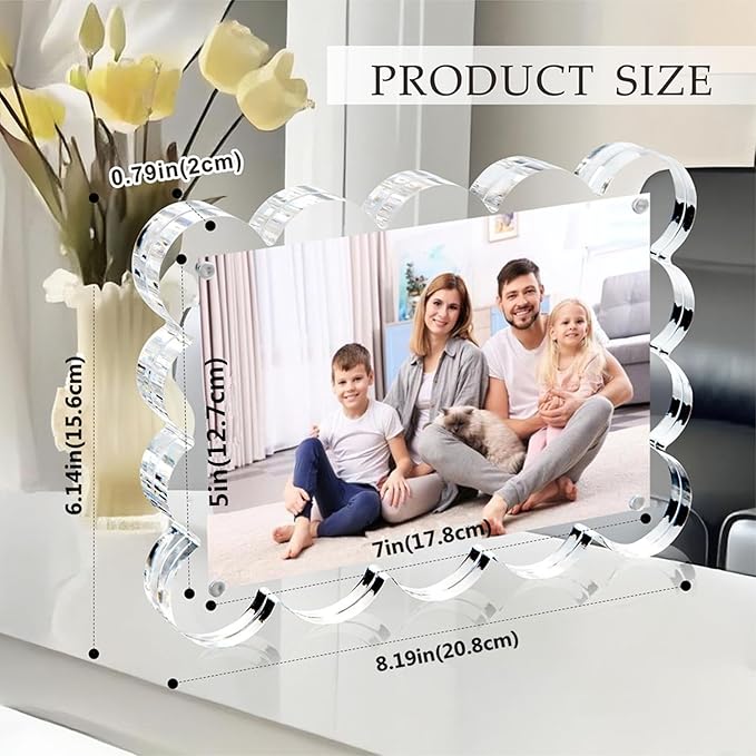 5x7 Inch Magnetic Acrylic Picture Frame,10+10mm Thick Block,Double Sided Clear scalloped frames for Desktop Display | Trendy Home Gift ((1 Pack), 5X7)