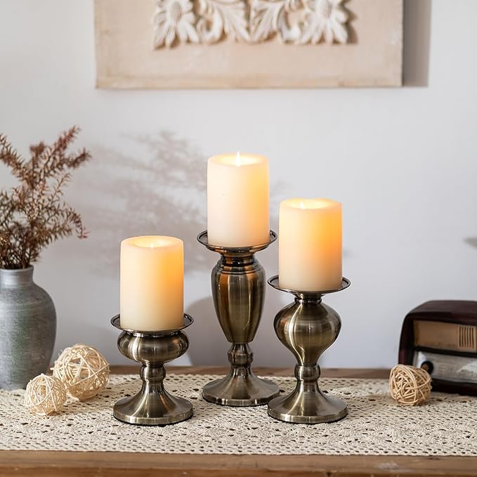 Sziqiqi Pillar Candle Holder Bronze: Vintage Metal Candle Holder for Table Centerpiece - Antique Candle Stand Set of 3 for Living Room Fireplace Dining Christmas Wedding Decorations
