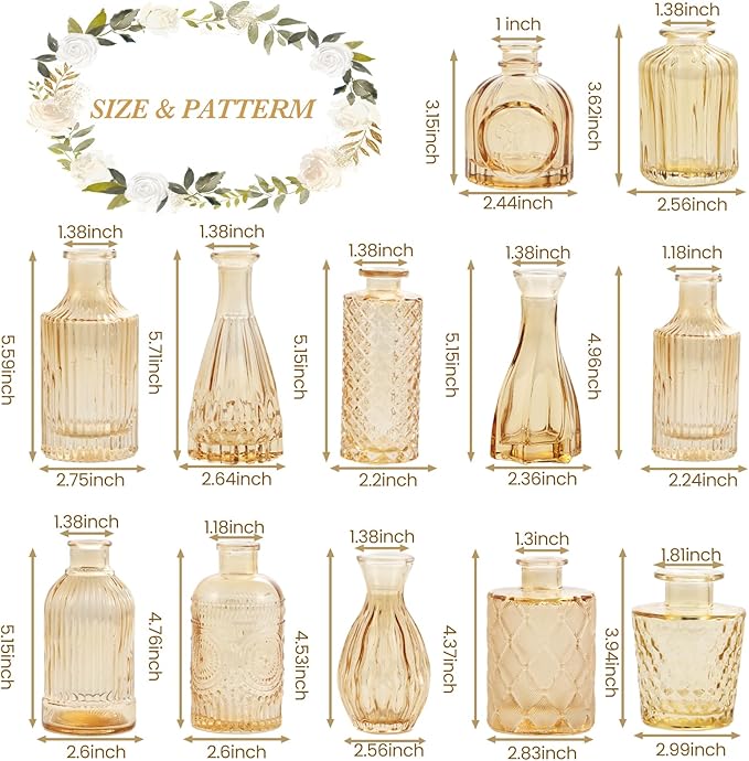 Amber Glass Bud Vases Set of 12, Gold Mini Flower Vase for Centerpieces, Small Vases in Bulk for Wedding Decorations, Vintage Vase for Table, Recepetion, Home Décor