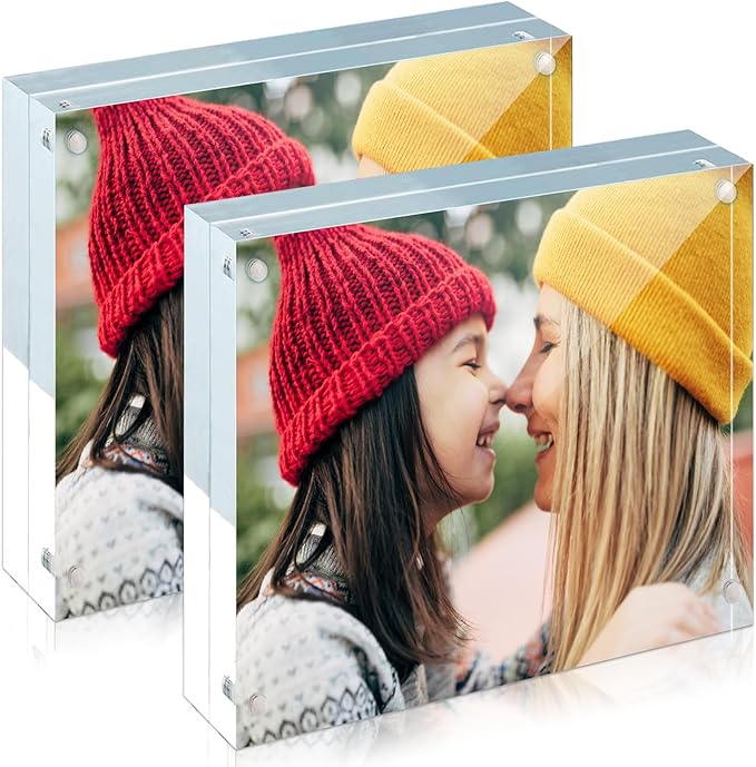 ILYXY 2 Pack Acrylic Frame 8x8, 20% Thicker, 24mm Thick Frameless Clear Square Picture Frame, Double Sided Magnetic Photo Frame, Free Standing Desktop Display Stand Acrylic Picture Frames