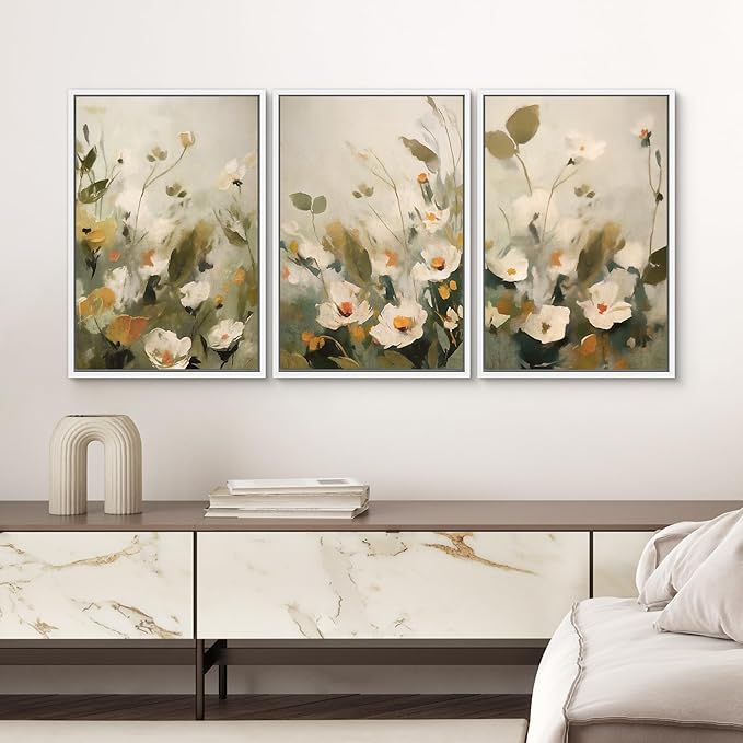 SIGNWIN Framed Canvas Print Wall Art Botanical Floral White Blossoms and Greenery Photography Modern Art Minimalist Black and White for Living Room, Bedroom, Office - 16"x24"x3 White