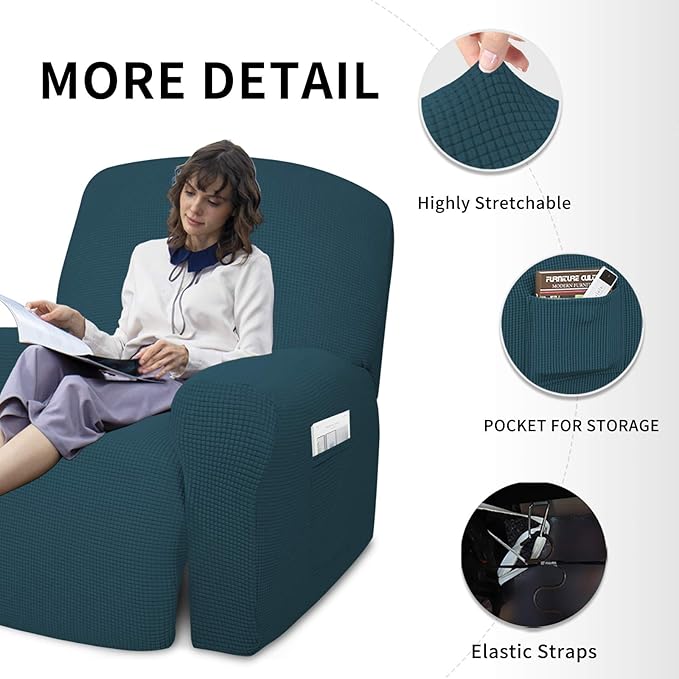 Easy-Going 4 Pieces Oversized Recliner Stretch Sofa Slipcover Sofa Cover Furniture Protector Couch Soft with Elastic Bottom Polyester Spandex Jacquard Fabric Small Checks DeepTeal,X-Large