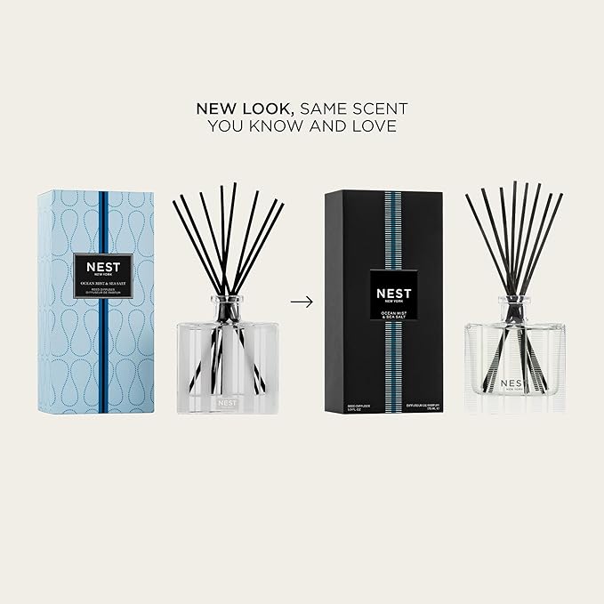 NEST New York Reed Diffuser, Ocean Mist & Sea Salt - 5.9 fl oz - Fragrance for Up to 90 Days - Reusable, Refillable Glass Holder - Includes 8 All-Natural Reed Sticks - Flame Free