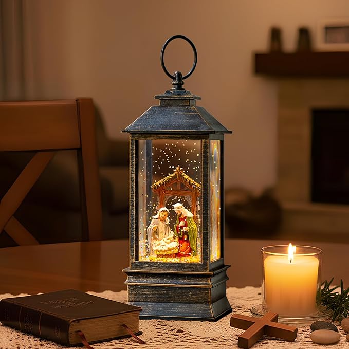 10'' Musical Snow Globe Lantern Lighted Nativity Manger Scene Water Lantern Swirling Glittering Home Decoration and Gift, Battery Operated or USB Powered