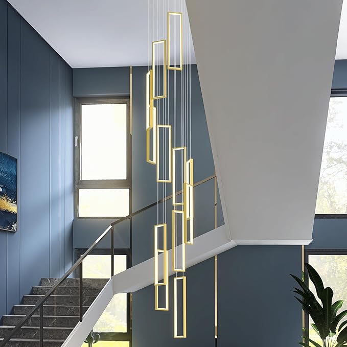 Modern Adjustable Height Pendant Light Fixture Gold 252W LED Pendant Lights 12 Rings Rectangular Chandelier Staircase Large Chandelier Lobby Living Room Foyer High Ceiling Chandeliers