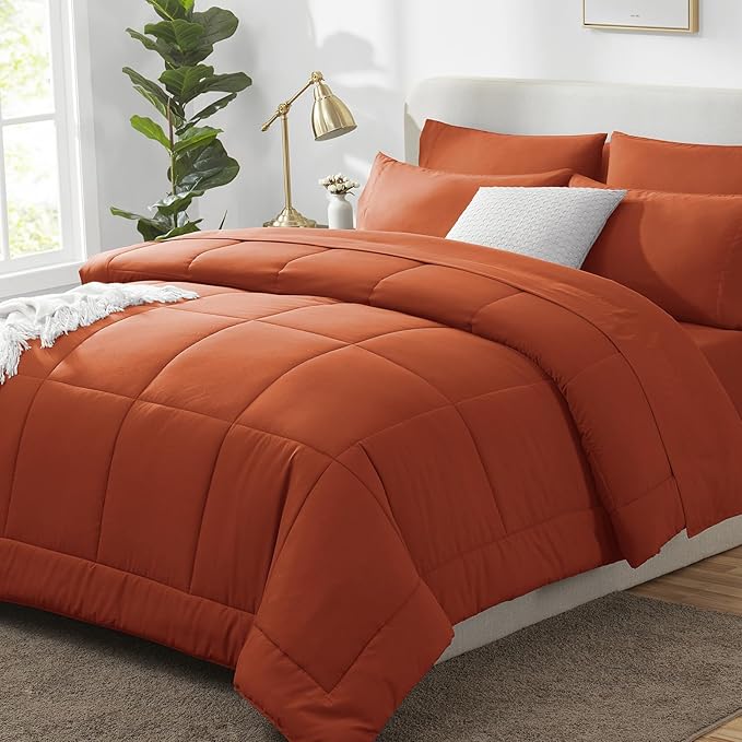 CozyLux Queen Comforter Set Terracotta, 7 Pieces Bed in a Bag, Burnt Orange Fall Comforter Queen Size, All Season Bedding Sets with Stitch Quilted Comforter, Flat Sheet, Fitted Sheet, Pillowcases