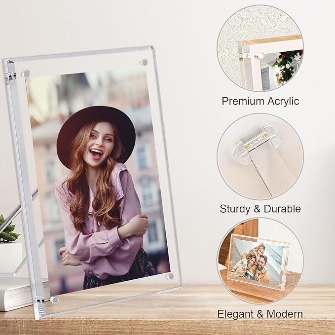 2 Pack 5x7 (Full Size:6x8) Acrylic Picture Frames With Stand, Clear Magnetic Photo Frame, Frameless Tabletop Picture Frame with Magnets for Home Office Desktop Display Horizontal or Vertical