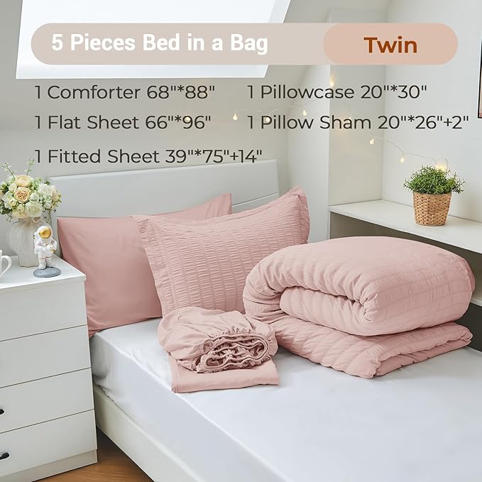 MUXHOMO 5 Pieces Twin Comforter Set, Seersucker Bed in a Bag Twin Size, All Season Luxury Bedding Set with Comforter, Flat Sheet, Fitted Sheet, Pillowcase & Sham, Rose Gold