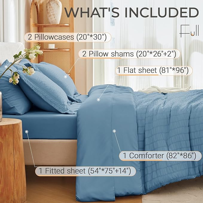 MUXHOMO 7 Pieces Full Comforter Set, Seersucker Bed in a Bag Full Size, All Season Luxury Bedding Set with Comforter, Flat Sheet, Fitted Sheet, Pillowcases & Shams, Mineral Blue