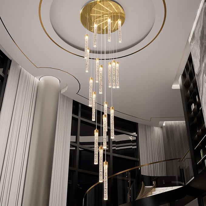 12-Light Staircase Long Pendant Light Fixture Large Chandeliers for High Ceiling Light LED Bulbs for Living Room Foyer Hallway Gold Crystal Pendant Light for Kitchen Island