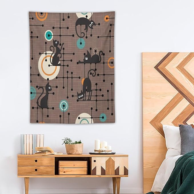 ICMOLYYENLO Boho Medieval Cat Tapestry, Abstract Atomic Starburst Geometric Aesthetic Art Wall Hanging For Bedroom Living Room Dormitory 50x60 Inches