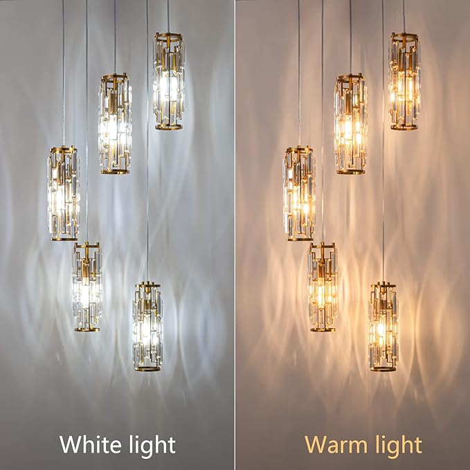 LMQNINE Pendant Light, Gold Modern Pendant Light Fixtures, Mini Crystal Chandeliers, Adjustable 5-Light Pendant Lighting for Kitchen Island Dinning Room Bedroom (Gold 5-Light)…