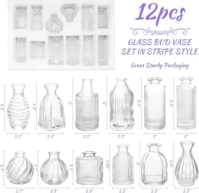Bud Vases Set of 12, Glass Vase for Decor Centerpieces, Small Vases for Flowers, Clear Flower Vase Stripe Modern Bud Vases in Bulk, Vintage Vases for Floral Wedding Party Table Decoration Home Decor