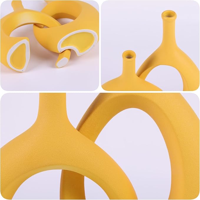 WUBIANJIE Yellow Ceramic Vase - Modern Boho Decor, Mustard Yellow, Round, Anti-Slip Base, Perfect for Living Room, Bedroom, Bathroom