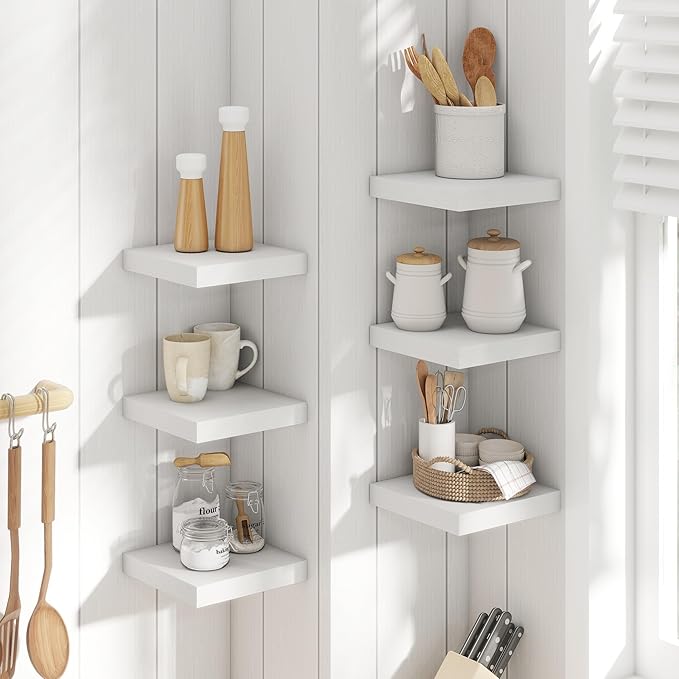 8 Inch Square Floating Shelves for Wall 3 Pack, 8"D Wood Grain Bathroom Shelves with Invisible Brackets, Easy Install Engineered Wood Storage Shelves for Kitchen, Living Room, Bedroom, White Finish