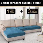 PrinceDeco Velvet Sectional Couch Covers, 4 Pieces, L Shape, Blue, 3 Seater + 1 Chaise