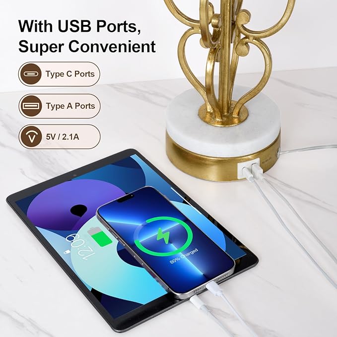 Scenekoy Table Lamp Set of 2 with USB Ports, Pull Chains Switch, 28” Gold Leaf Curved Iron Art Bedside Lamps with Linen Shade for Living Room Bedroom, Nightstand Lamps for Home Room Decor