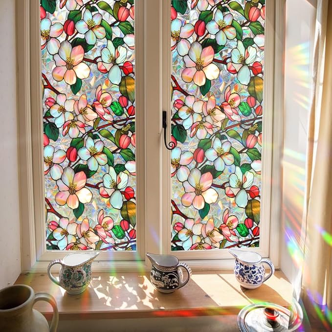 Window Film, Decorative Colorful Flower Stained Static Glass Window Clings Stickers for Home Office Living Room Bedroom Glass Windows Door Decor 16.93 x 39.37 Inches