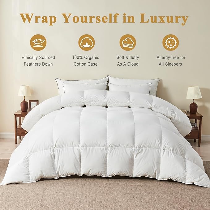 100% Organic Feather Down Comforter California King, Luxury Extra-Fluffy Duvet Insert, All Season Bed Comforter with Ultra-Soft Organic Cotton Case (104x96 Inch, Ivory White)