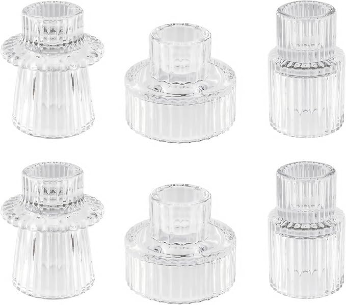 Double Sided Vintage Ribbed Taper Glass Candle Holders,Tea Candle Holder for Table Centerpieces, Wedding Decorations and Dinner Parties (Clear, 6 PCS)