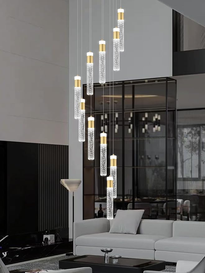 10-Lights Gold Crystal Chandeliers 110 inch Long Spiral Crystal Chandelier for High Ceiling Modern LED Foyer Ceiling Chandeliers Dimmable 3000-6000K