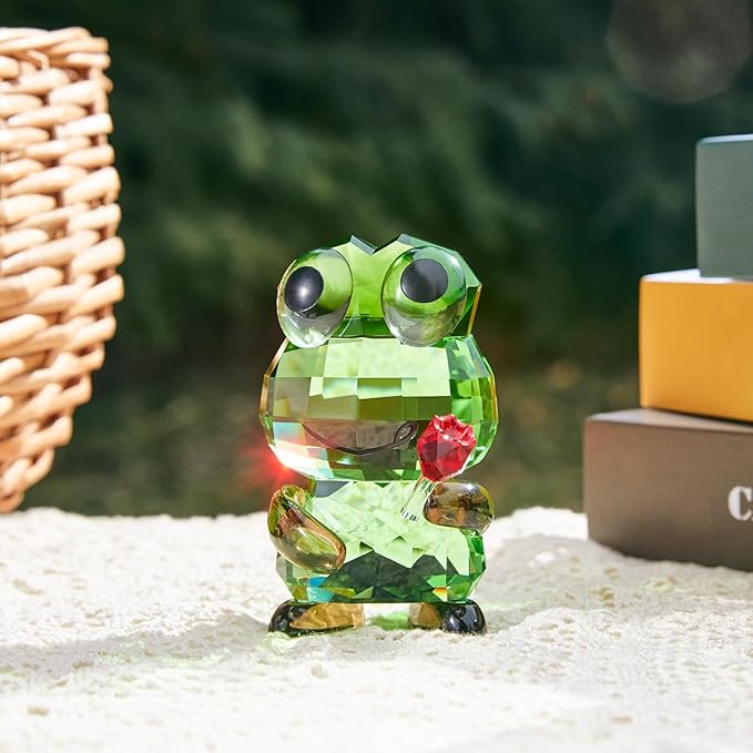 Crystal Frog Figurine with Red Rose - Art Glass Animals Desk Decor & Home Office Ornament, Handmade Glass Collectible Gifts