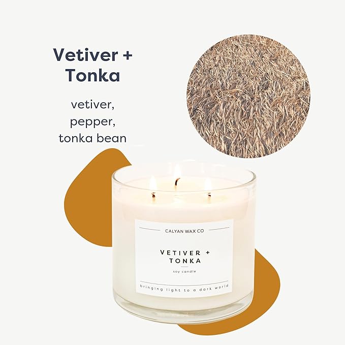 Calyan Wax Co. 3 Wick Candle, Vetiver + Tonka Scented Candle, 43 Hour Burn Time, 3 Wick Soy Candles, Non Toxic & Vegan Soy Wax, Glass Jar Scented Candles, 14.9oz