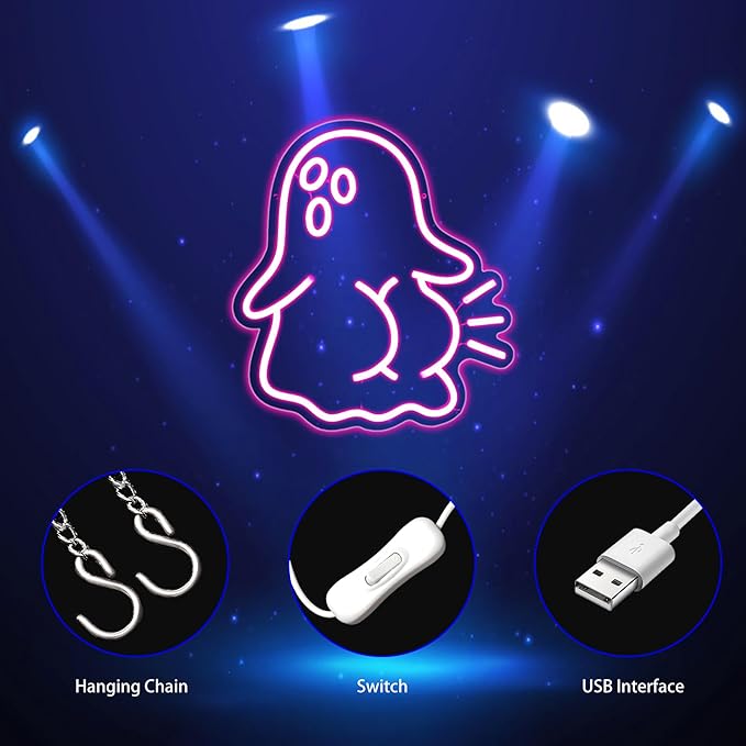 Ghost Neon Sign, Neon Signs for Wall Decor Neon Pink LED Signs Room Neon Light Up Signs Home Decor for Bedroom Club Party Bar Shop USB Operated