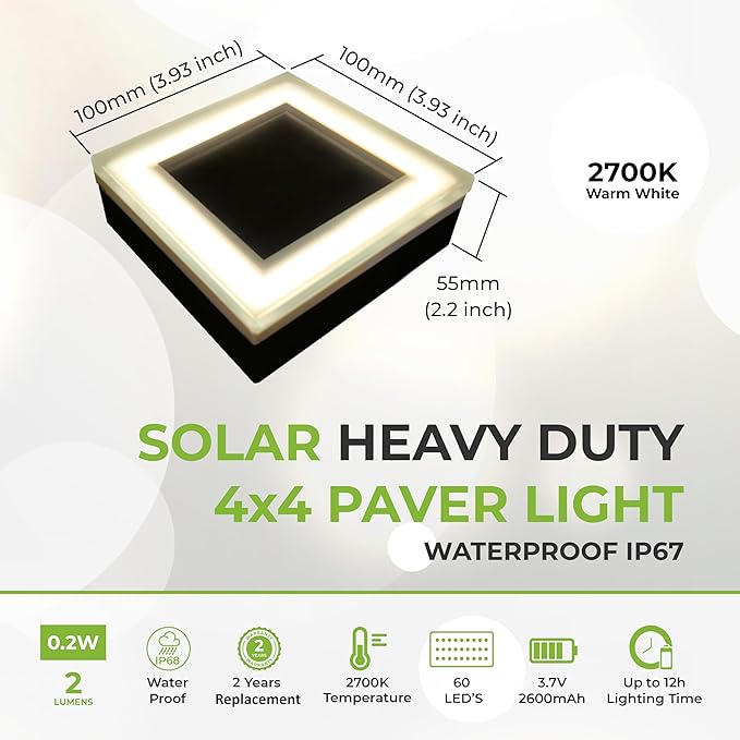LUMENGY Solar Paver Light 4×4 inch (3.93 X 3.93), Up To 12 Hours Continues Lighting, Stainless Steel, Glare-Free Lighting For Driveways & Garden, 2700K Warm White, Waterproof & Drive-Over Rated. Ver 2