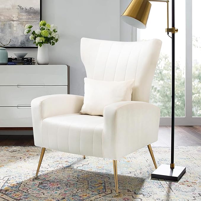 X-VOLSPORT Velvet Accent Chair, Mid Century Modern High Back Living Room Chair with Waist Pillow, Upholstered Arm Chair with Metal Gold Legs for Bedroom, Club, White