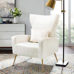X-VOLSPORT Velvet Accent Chair, Mid Century Modern High Back Living Room Chair with Waist Pillow, Upholstered Arm Chair with Metal Gold Legs for Bedroom, Club, White