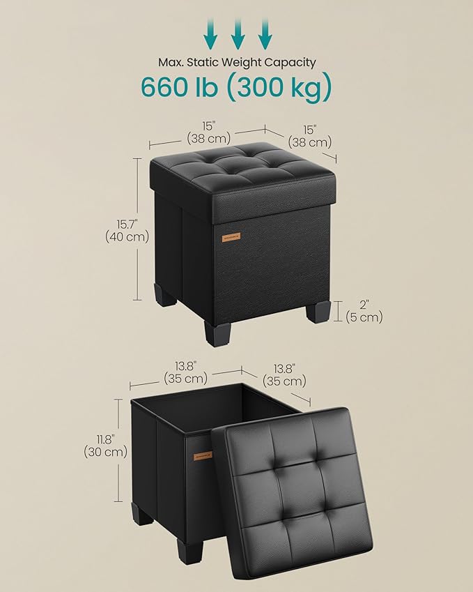 SONGMICS Storage Ottoman, Cube Ottoman with Legs, 15 x 15 x 15.7 Inches, Footstool, Footrest, 10 Gal. (37 L), Synthetic Leather, for Bedroom, Living Room, Dorm, Ink Black ULSF0512B02