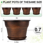 Plant Planters Pots Set of 4 Pack 8 Inch, Plastic Flower Pot for Indoor Plants with Drainage Holes & Trays, Resin Decorative Container Sets with Saucer for House Outdoor Garden Planters Copper