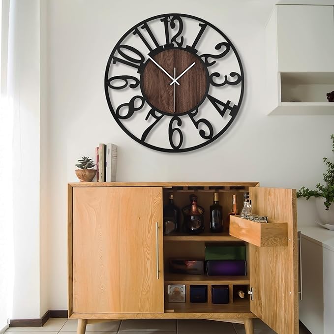 LEIKE Large LED Wall Clocks,Silent,Non Ticking,Battery Operated Rustic Round Modern Big Wood Wall Clock for Living Room, Bedroom,Kitchen,Farmhouse,Office,Home Decor -24" Black,LED,Arabic Number