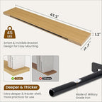 Fun Memories 48 Inch Deep Floating Shelves for Wall, 2 Pack of Long Wall Mounted Wood Shelves with Invisible Brackets for Bathroom, Bedroom, Living Room, Kitchen Decor and Storage, Oak