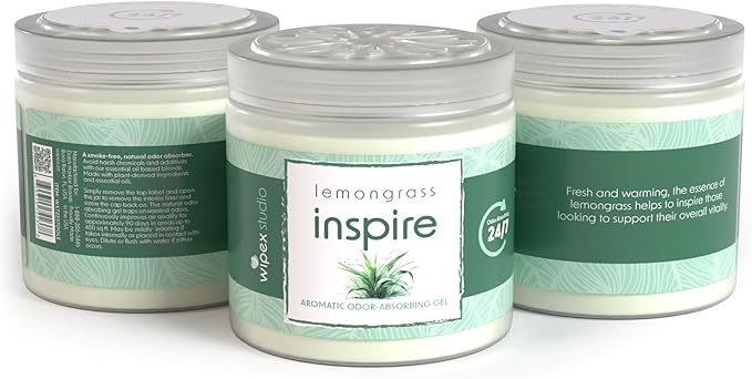 Wipex Odor Eliminator Gel Jar - Inspire Lemongrass 15oz, Odor Eliminator for Home, Effective Odor Absorber for Long-Lasting Freshness, Ideal for Rooms, Offices & Yoga Studios, 12pk