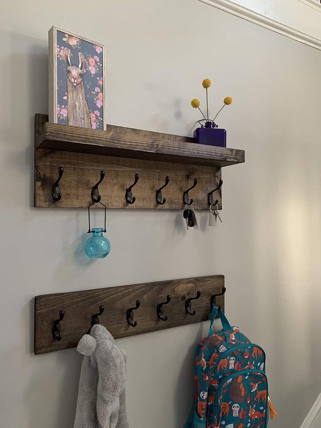 Coat Rack with Shelf Wall Mounted with Storage (Choose Your Length) Towel Rack Entryway Organizer Key Hooks (24" L (6 Hooks) Set of 2)
