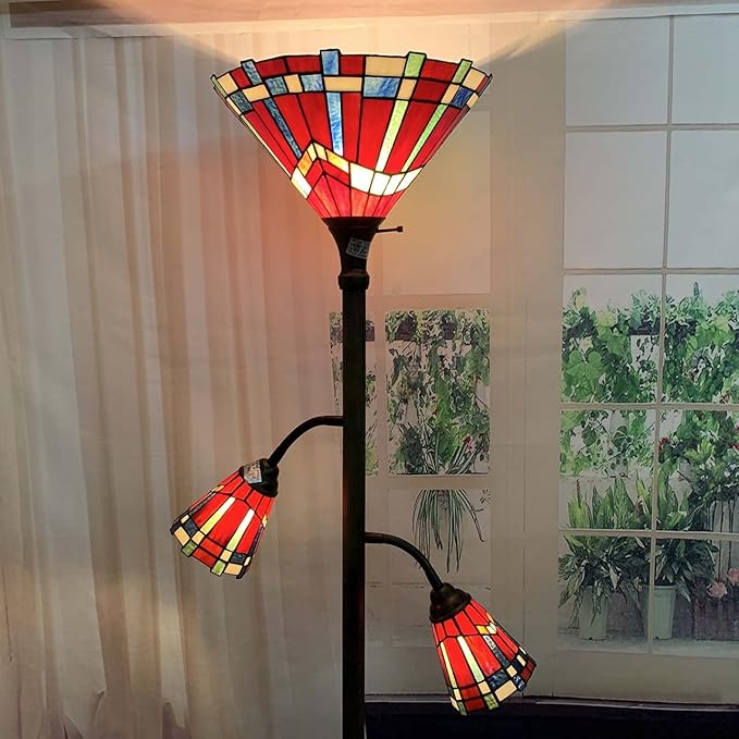 Bieye L10835 Mission Tiffany Style Stained Glass Floor Lamp for Reading Working Decorating, 3-Lights, 70 inches Tall