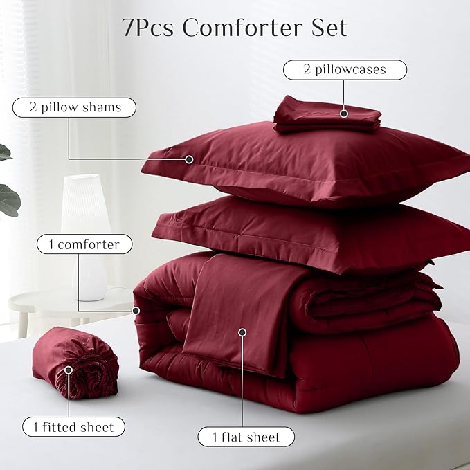 JOLLYVOGUE Full Comforter Set, Ultra-Soft Bed in a Bag Full Size 7 Pieces, Oeko-TEX Certified Bedding Set with Down Alternative Comforter, Sheets, Pillowcases & Shams, Burgundy