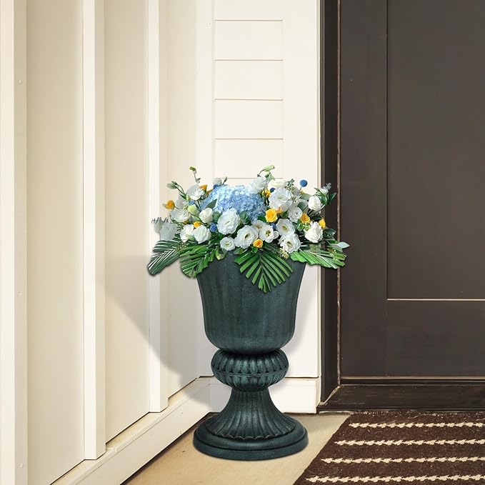 Athena Collection 20''H Garden Plastic Urn Vintage Tall Planter Urn Patio Large Flower Pot Porch Planter Large Planter for Indoor Outdoor Plant, Dark Green