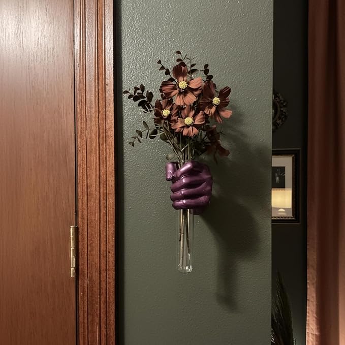 Creative Wall Hanging Sculpture, Artistic Wall Hanging Hand Sculpture with Test Tube vases, Home Decoration Hand Against Wall (Purple)