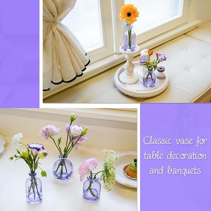 Bud Vases in Bulk 24 | Purple Glass Vase Set – Small Clear Bud Vases for Wedding Centerpieces, Floral Arrangements, Table Decor | Bulk Elegant Mini Vases for Events, Home & Party Decorations