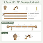 2 Pack Wood Curtain Rods for Windows 28 to 48 Inch,1'' Diameter Drapery Rods with Imitation Wood Grain Leaf Pattern Finials,Boho Adjustable Heavy Duty Curtain Rods Set,18-60'',Color:Natural Wood