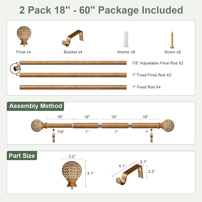 2 Pack Wood Curtain Rods for Windows 28 to 48 Inch,1'' Diameter Drapery Rods with Imitation Wood Grain Leaf Pattern Finials,Boho Adjustable Heavy Duty Curtain Rods Set,18-60'',Color:Natural Wood