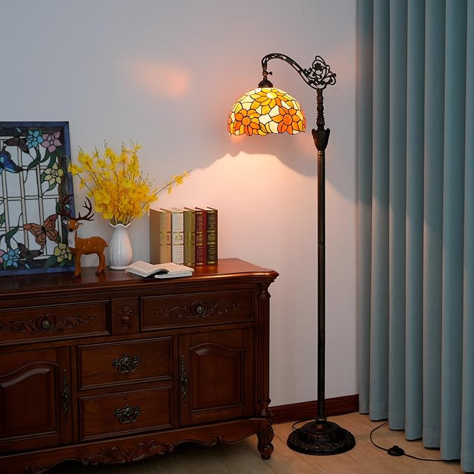 Tiffany Floor Lamp Yellow Sunflower Stained Glass Gooseneck Reading Floor Lamp Adjustable Corner Standing Light with Foot Switch for Bedroom Living Room Office (Bulb Included)
