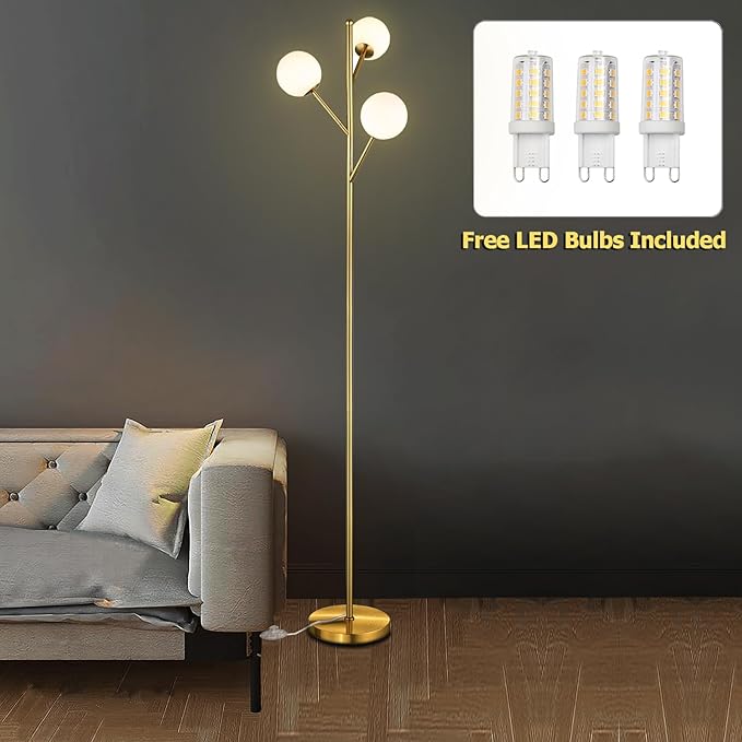Globe Mid Century Tree Floor Lamp with 3 Light Bulbs,70in Tall Standing Glod Floor Lamp with Frosted Glass Shade for Living Room,Office,Bedroom, Study Room, Hotel, Antique Brass Lighting